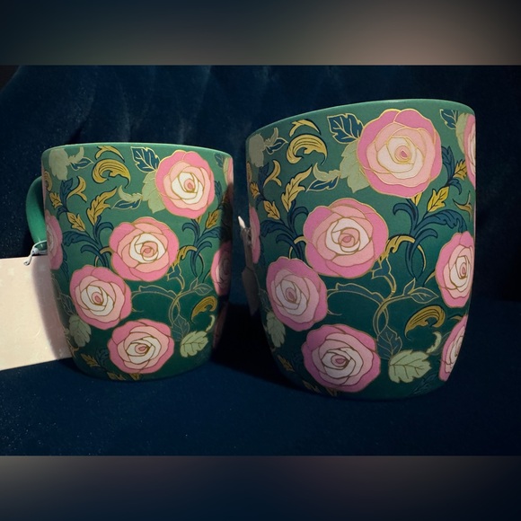 Petal & Pearl Set of 2 Soft Touch Pink Green Floral Coffee Mugs Gold Detail NWT - Picture 2 of 6